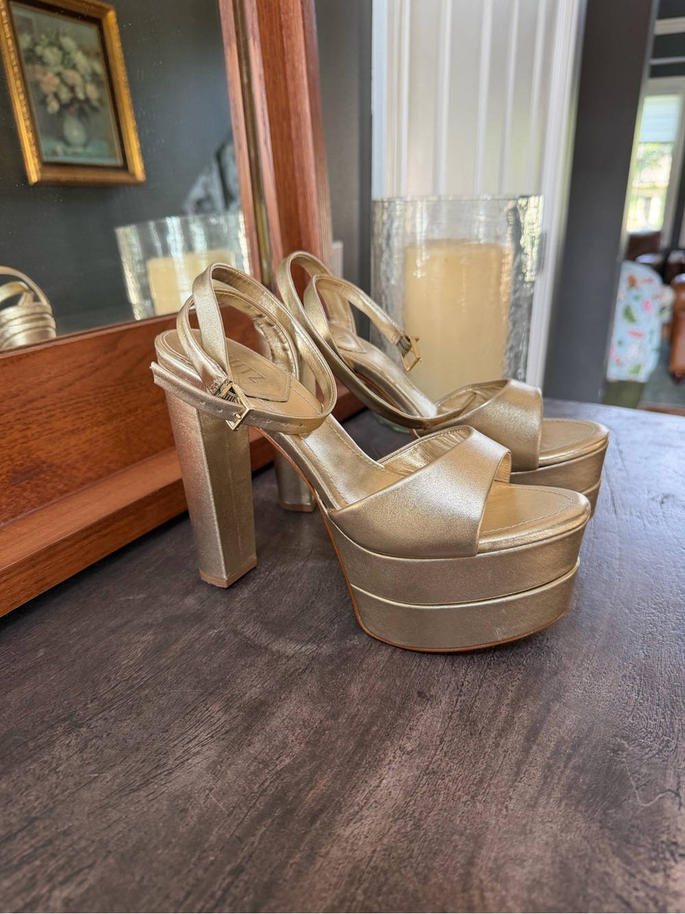 SCHUTZ Metallic Gold Platform Block Sandals